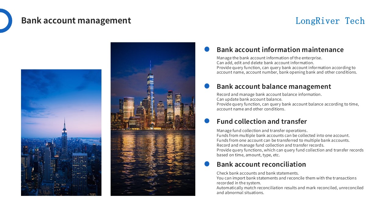 LongRiverTech Treasury Management Software Features Bank account management